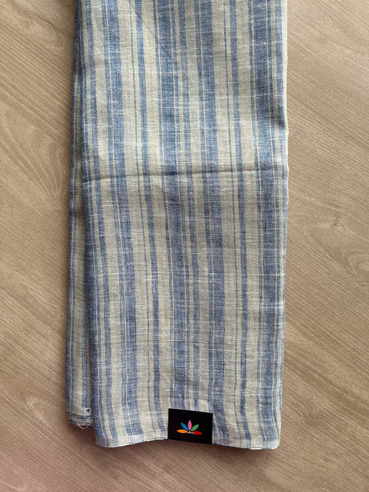 Off-White & Light Cobalt Blue Simple Linen Saree - 33760