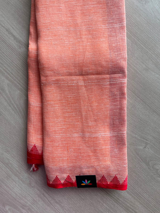 Double Tone (Peachy Pink/White) Simple Linen Saree - 33764