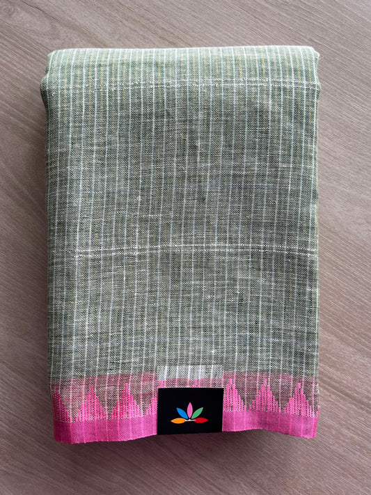 Double Tone (Matte Sage Green/White) Simple Linen Saree - 33774-33775
