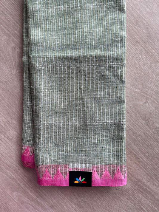 Double Tone (Matte Sage Green/White) Simple Linen Saree - 33774-33775