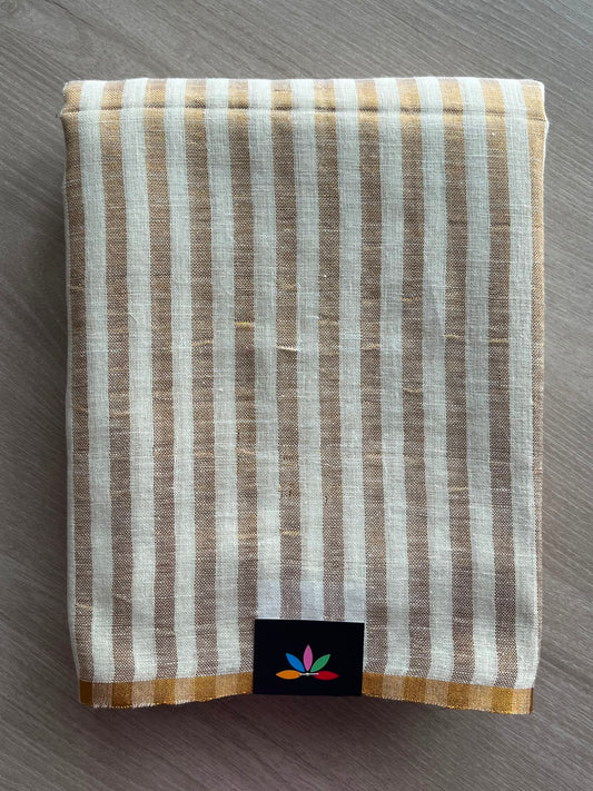 White & Light Gold Simple Linen Saree - 33800-33801