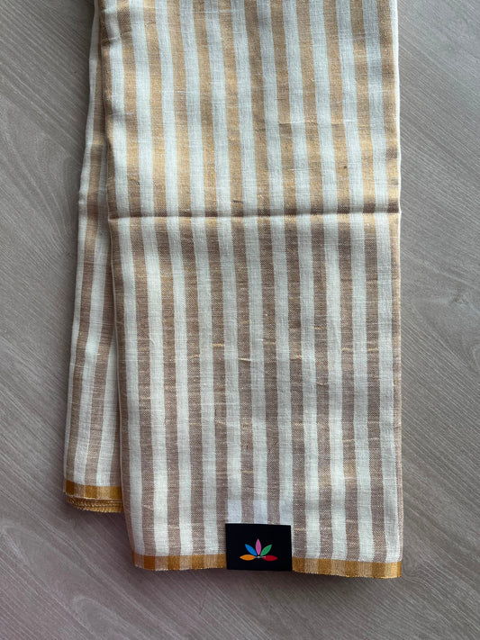 White & Light Gold Simple Linen Saree - 33800-33801