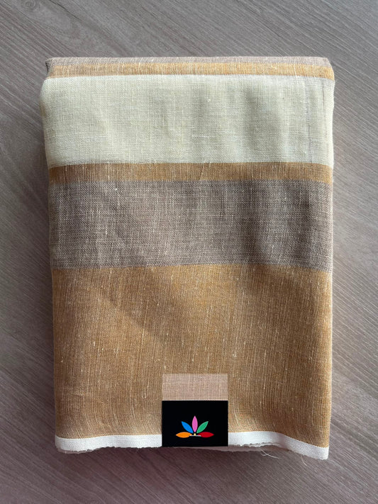 White & Light Gold Simple Linen Saree - 33802-33803