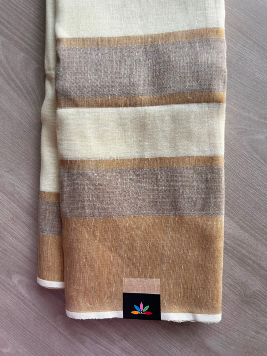 White & Light Gold Simple Linen Saree - 33802-33803