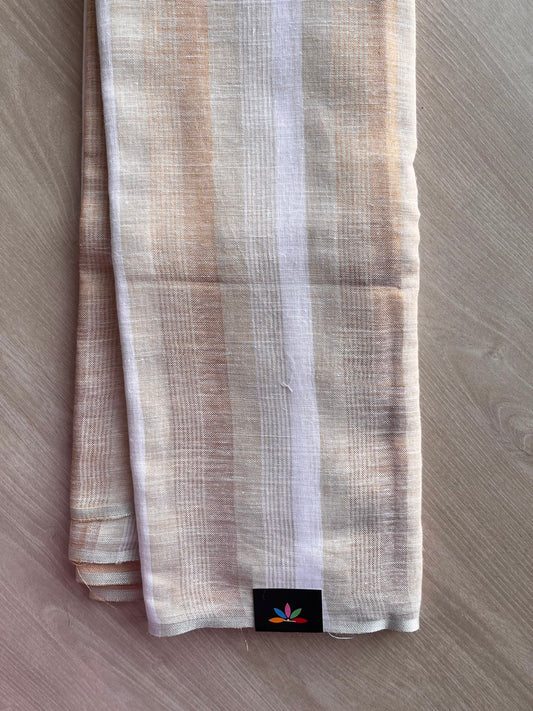 White & Light Gold Simple Linen Saree - 33804-33805