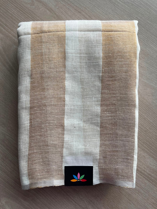 White & Light Gold Simple Linen Saree - 33809