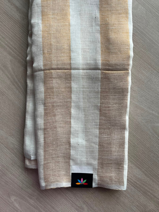White & Light Gold Simple Linen Saree - 33809