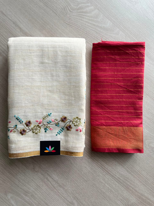 Exclusive Embroidered Linen Saree - 33842