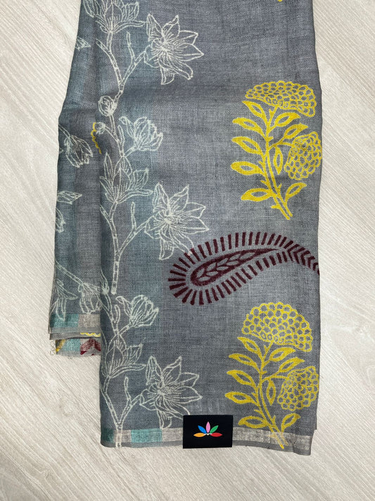 Designer Handblock Printed Fine Linen Saree-23782