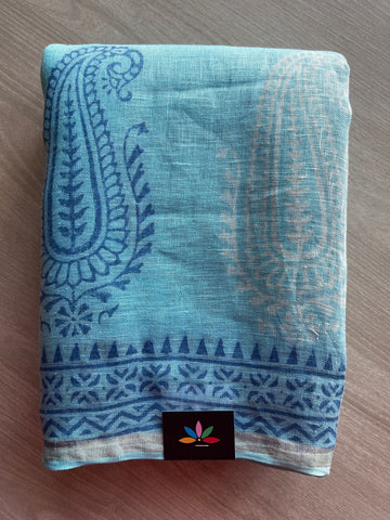 Designer Handblock Printed Fine Linen Saree- 28019