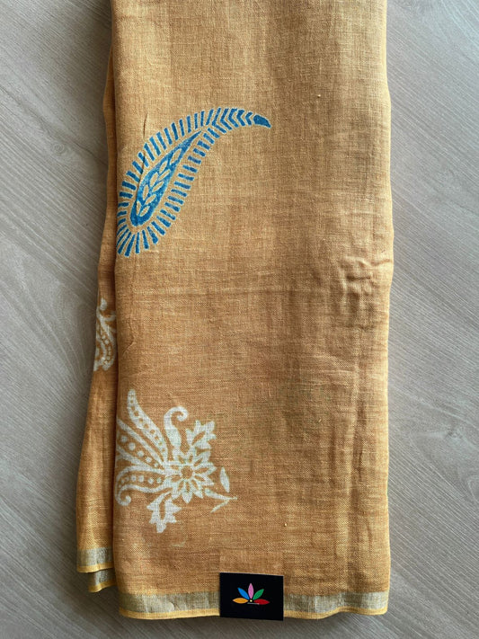 Designer Handblock Printed Fine Linen Saree-28466