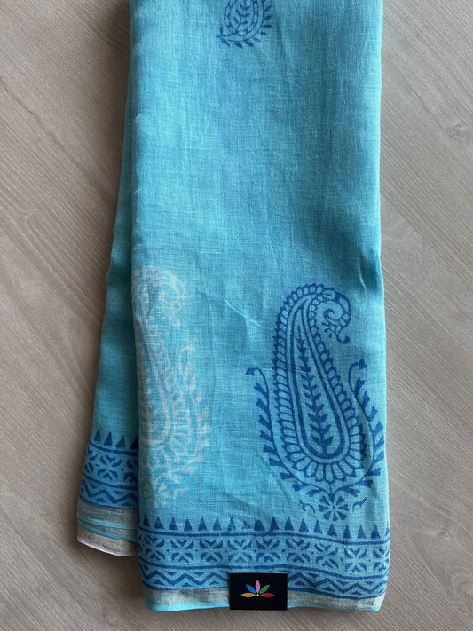 Designer Handblock Printed Fine Linen Saree-28467