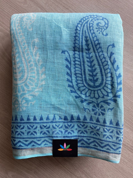 Designer Handblock Printed Fine Linen Saree-28467