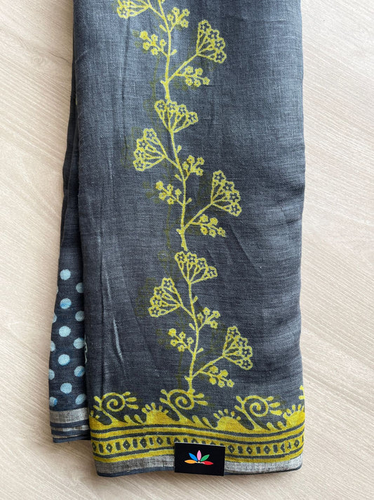 Designer Handblock Printed Fine Linen Saree-28469