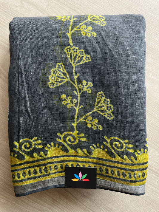 Designer Handblock Printed Fine Linen Saree-28469
