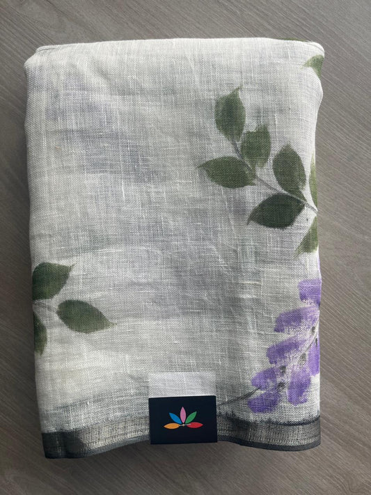 Designer Handblock Printed Fine Linen Saree - 32040
