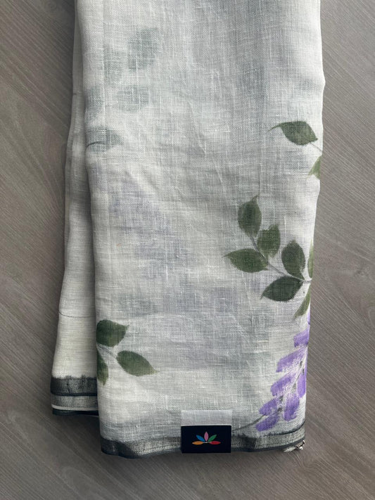 Designer Handblock Printed Fine Linen Saree - 32040
