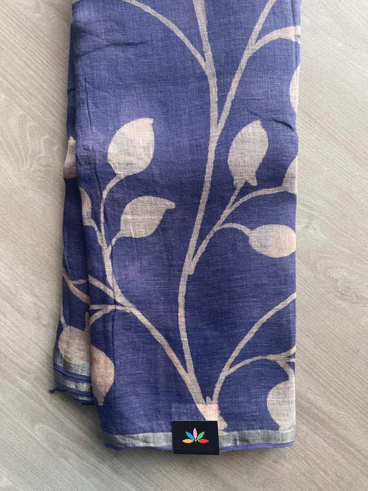Dusk Shade Designer Handblock Printed Fine Linen Saree - 32044