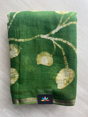 Medium Forest Green Designer Handblock Printed Fine Linen Saree - 32046