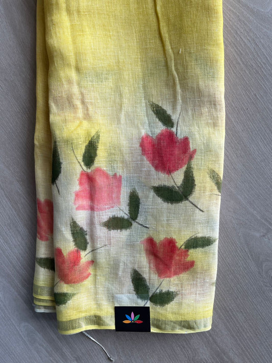 Lemon Yellow & Off-White Designer Handblock Printed Fine Linen Saree - 33065
