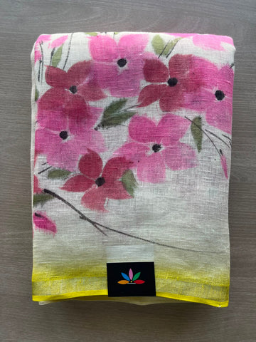 Designer Handblock Printed Fine Linen Saree - 33147