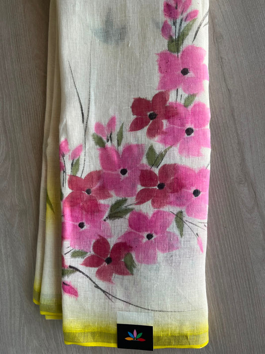 Off-White Floral Designer Handblock Printed Fine Linen Saree - 33147