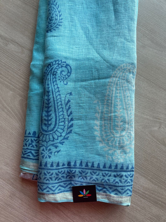 Designer Handblock Printed Fine Linen Saree- 28019