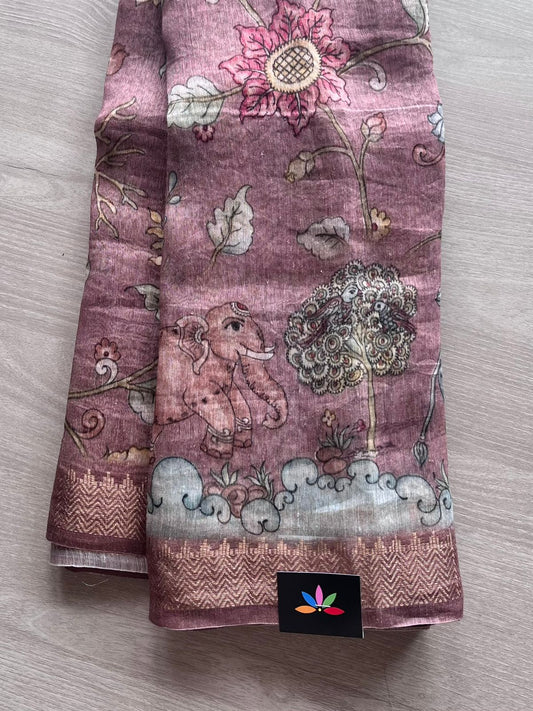 Kalamkari Printed Linen Silk Saree-12871