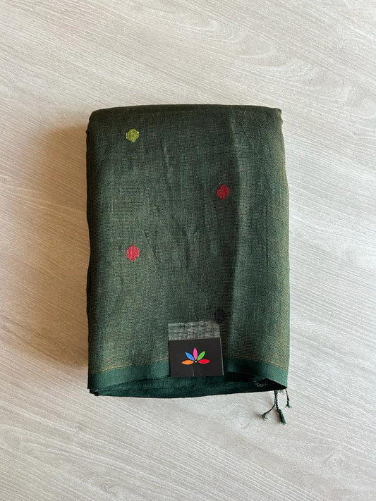 Fish Swirl Pallu Handloom Tissue Linen Jamdani Saree (Dark Bottle Green) -9030