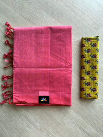 Handwoven Plain Mangalagiri Cotton Saree Paired with Contrast Blouse Fabric-11888