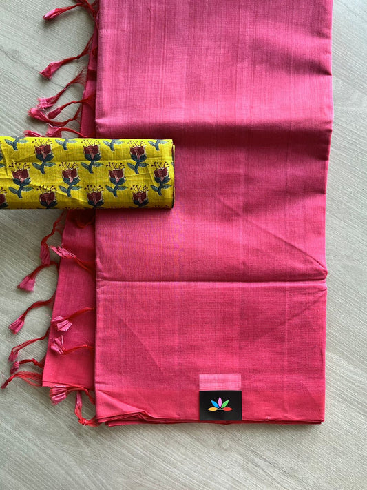 Handwoven Plain Mangalagiri Cotton Saree Paired with Contrast Blouse Fabric-11888