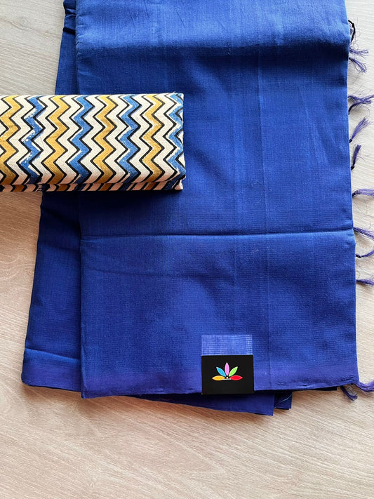 Handwoven Plain Mangalagiri Cotton Saree Paired with Contrast Blouse Fabric-11890