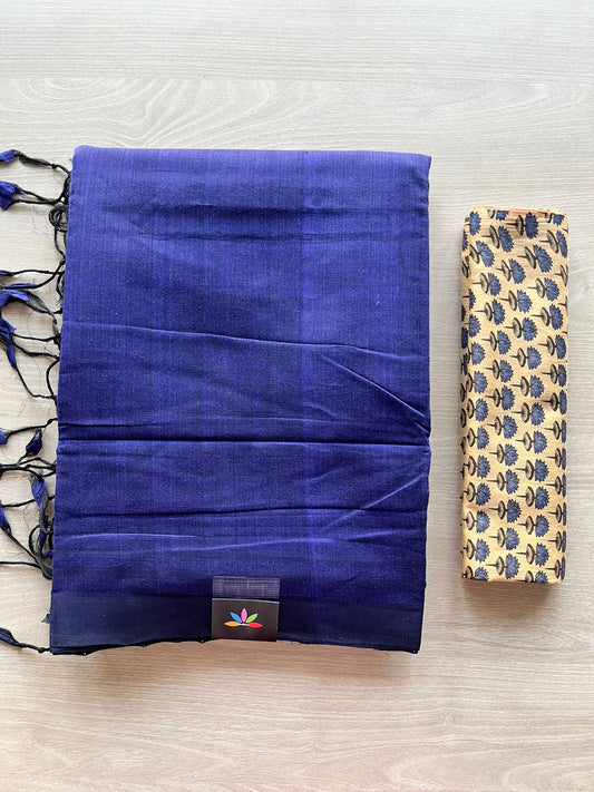 Handwoven Plain Mangalagiri Cotton Saree Paired with Contrast Blouse Fabric-11894