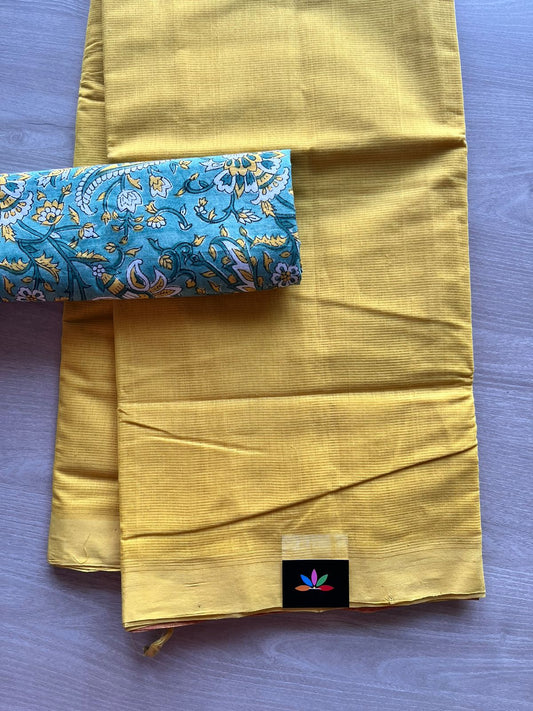 Handwoven Plain Mangalagiri Cotton Saree Paired with Contrast Blouse Fabric-11898