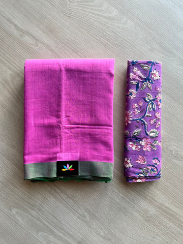 Handwoven Plain Mangalagiri Cotton Saree Paired with Contrast Blouse Fabric-13103