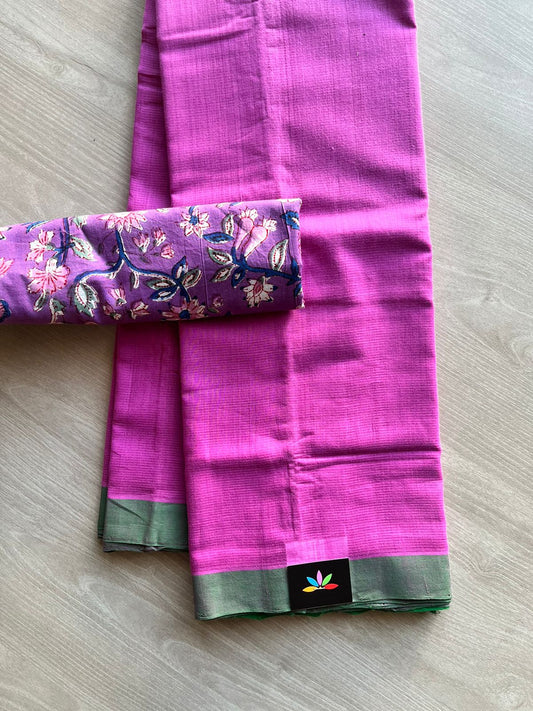 Handwoven Plain Mangalagiri Cotton Saree Paired with Contrast Blouse Fabric-13103