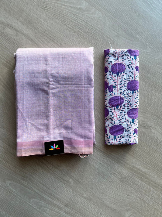 Handwoven Plain Mangalagiri Cotton Saree Paired with Contrast Blouse Fabric-13107