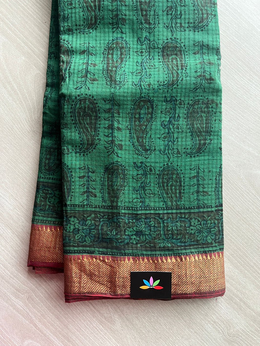 Traditional Kalamkari Hand Block Printed Handloom Mangalagiri Cotton Saree -13399