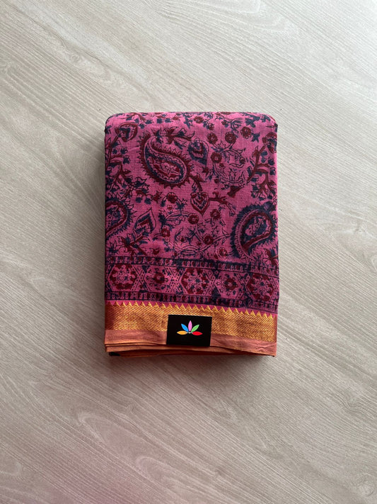 Traditional Kalamkari Hand Block Printed Handloom Mangalagiri Cotton Saree -13401