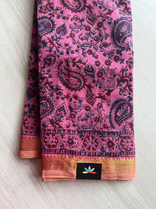 Traditional Kalamkari Hand Block Printed Handloom Mangalagiri Cotton Saree -13401