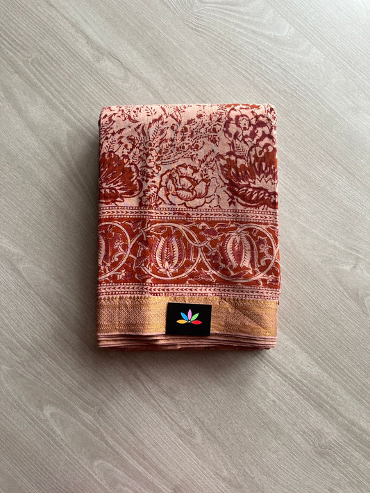 Traditional Kalamkari Hand Block Printed Handloom Mangalagiri Cotton Saree -13402