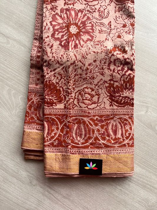 Traditional Kalamkari Hand Block Printed Handloom Mangalagiri Cotton Saree -13402