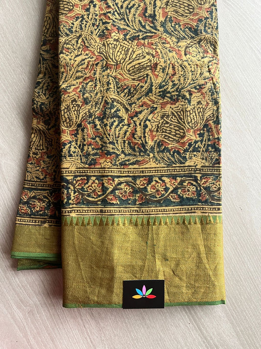 Traditional Kalamkari Hand Block Printed Handloom Mangalagiri Cotton Saree -13404