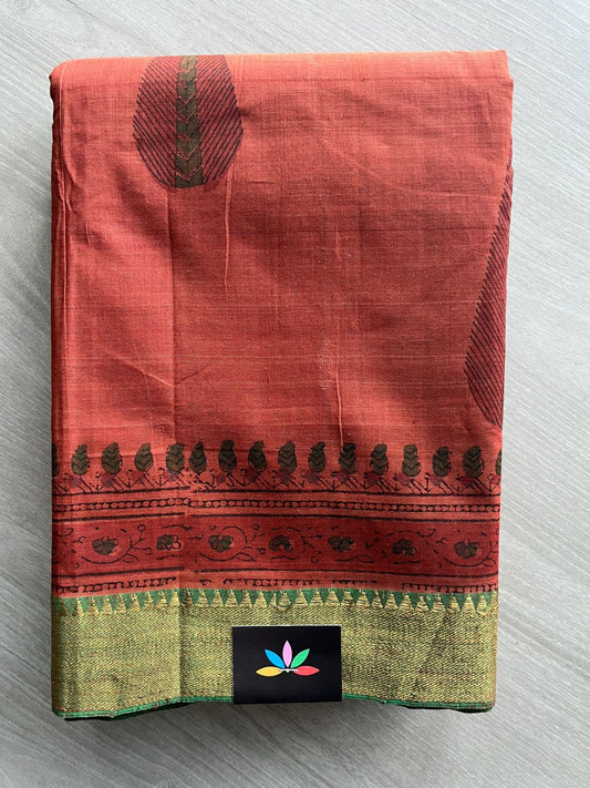 Handblock Printed Handloom Mangalagiri Cotton Saree - 32103
