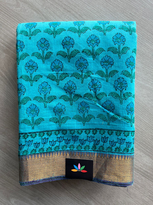 Bondi Blue Handblock Printed Handloom Mangalagiri Cotton Saree - 32104
