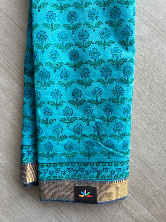 Bondi Blue Handblock Printed Handloom Mangalagiri Cotton Saree - 32104