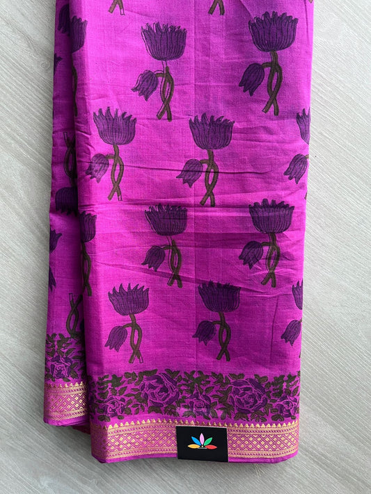 Dark Pink Handblock Printed Handloom Mangalagiri Cotton Saree - 32105