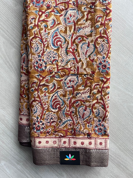 Gold Ochre Paisley Handblock Printed Handloom Mangalagiri Cotton Saree - 32106