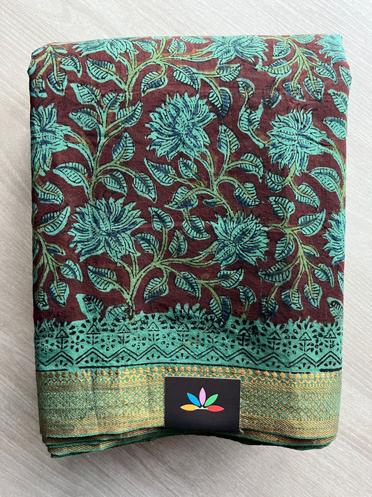Vintage Maroon Floral Handblock Printed Handloom Mangalagiri Cotton Saree - 32107