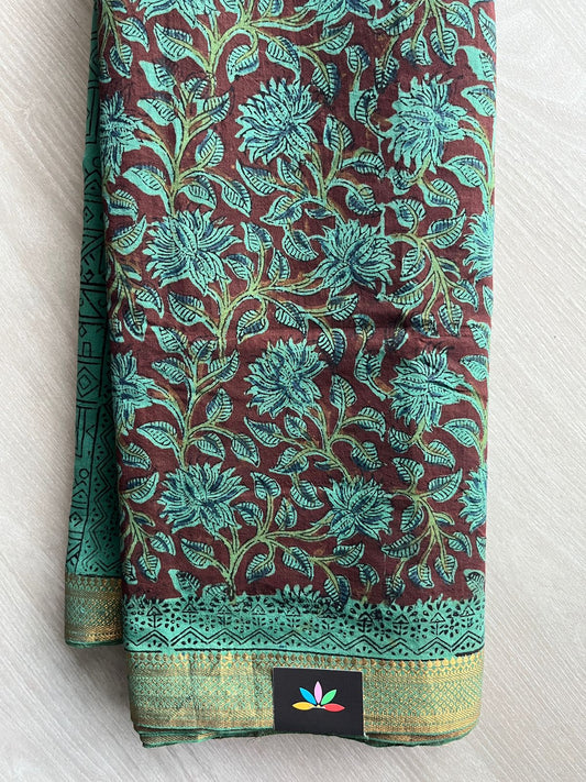 Vintage Maroon Floral Handblock Printed Handloom Mangalagiri Cotton Saree - 32107